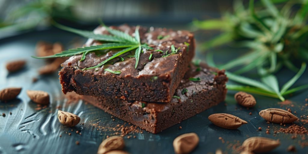 Pot brownie - hemp cannabis leaves on chocolate brownie